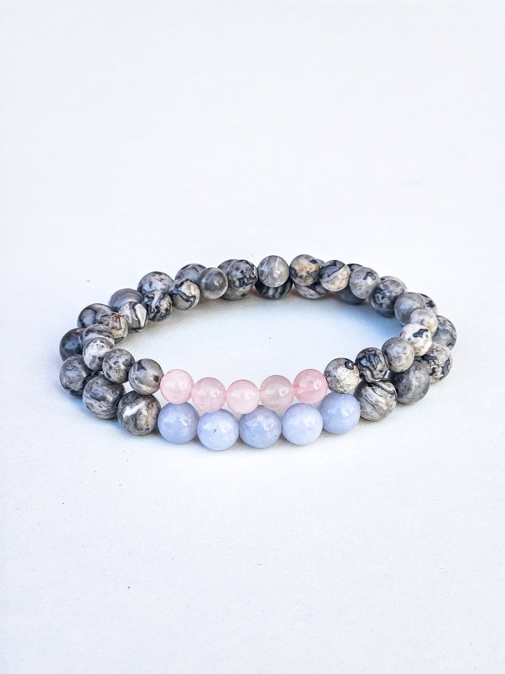 Matching Bracelets • Grey Landscape Jasper, Rose Quartz & Aquamarine