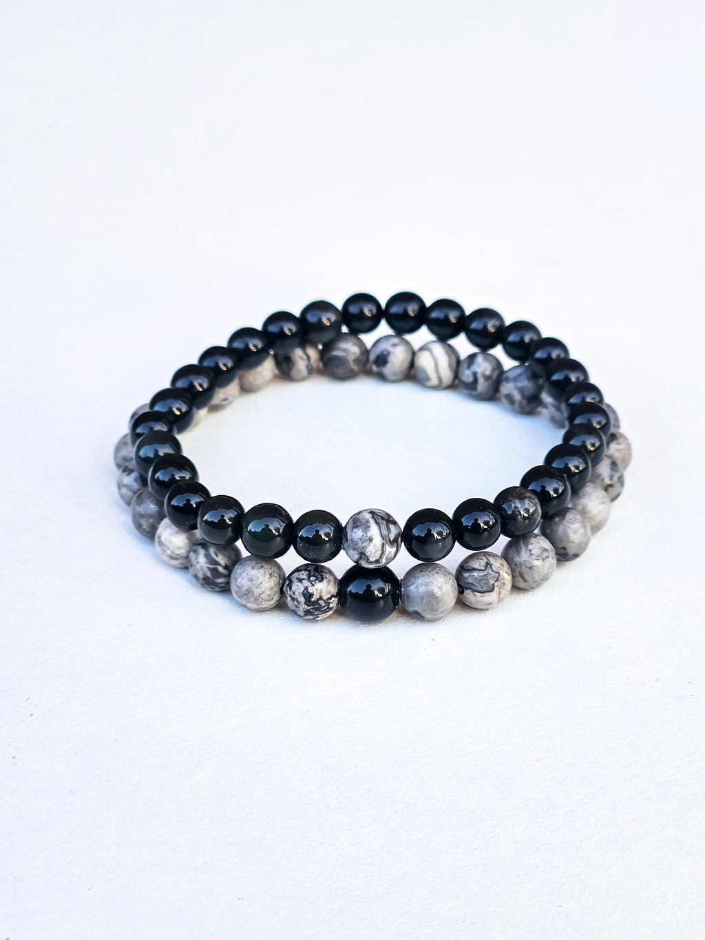 Matching Bracelets • Black Obsidian & Grey Landscape Jasper