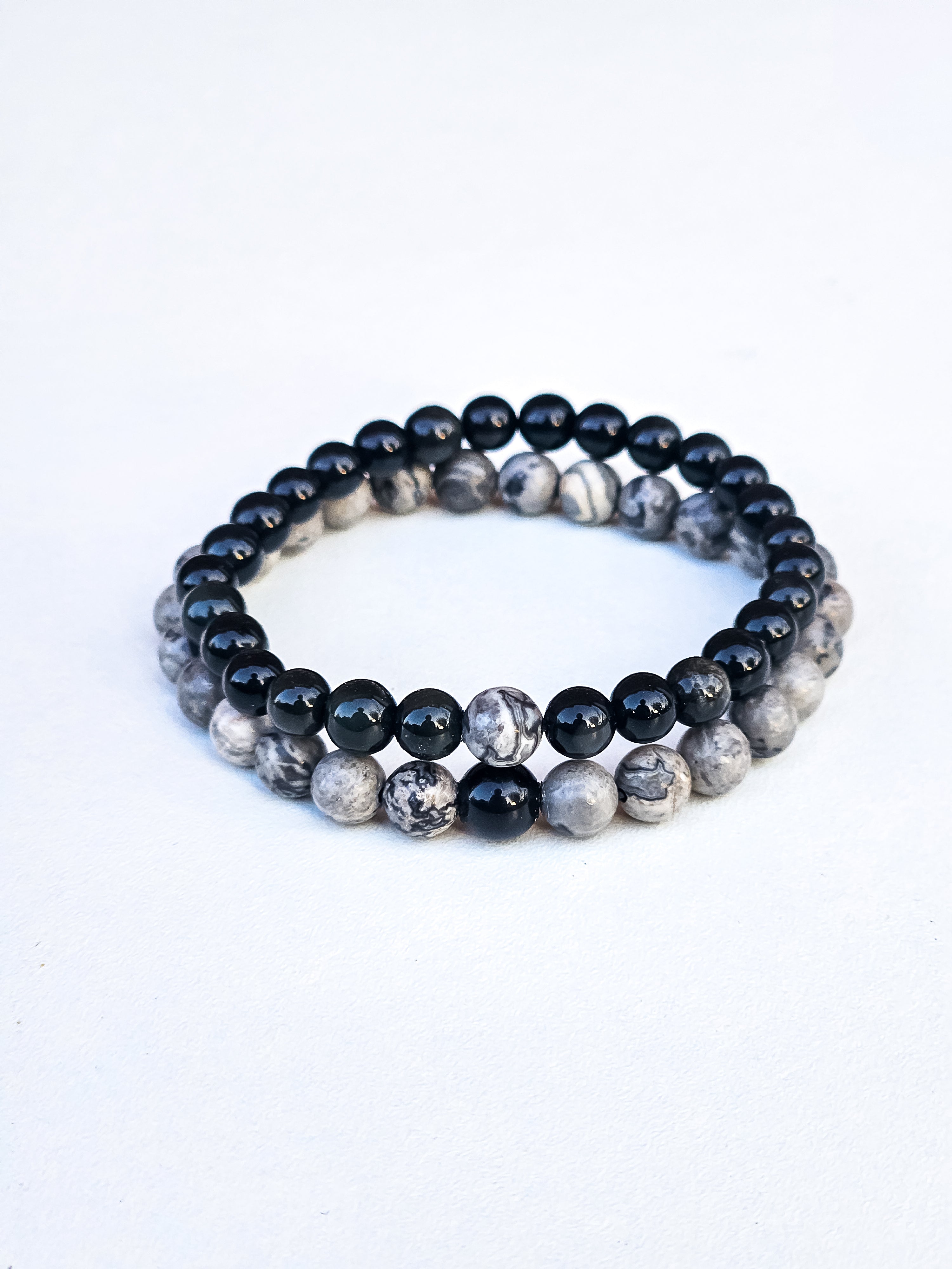 Matching Bracelets • Black Obsidian & Grey Landscape Jasper