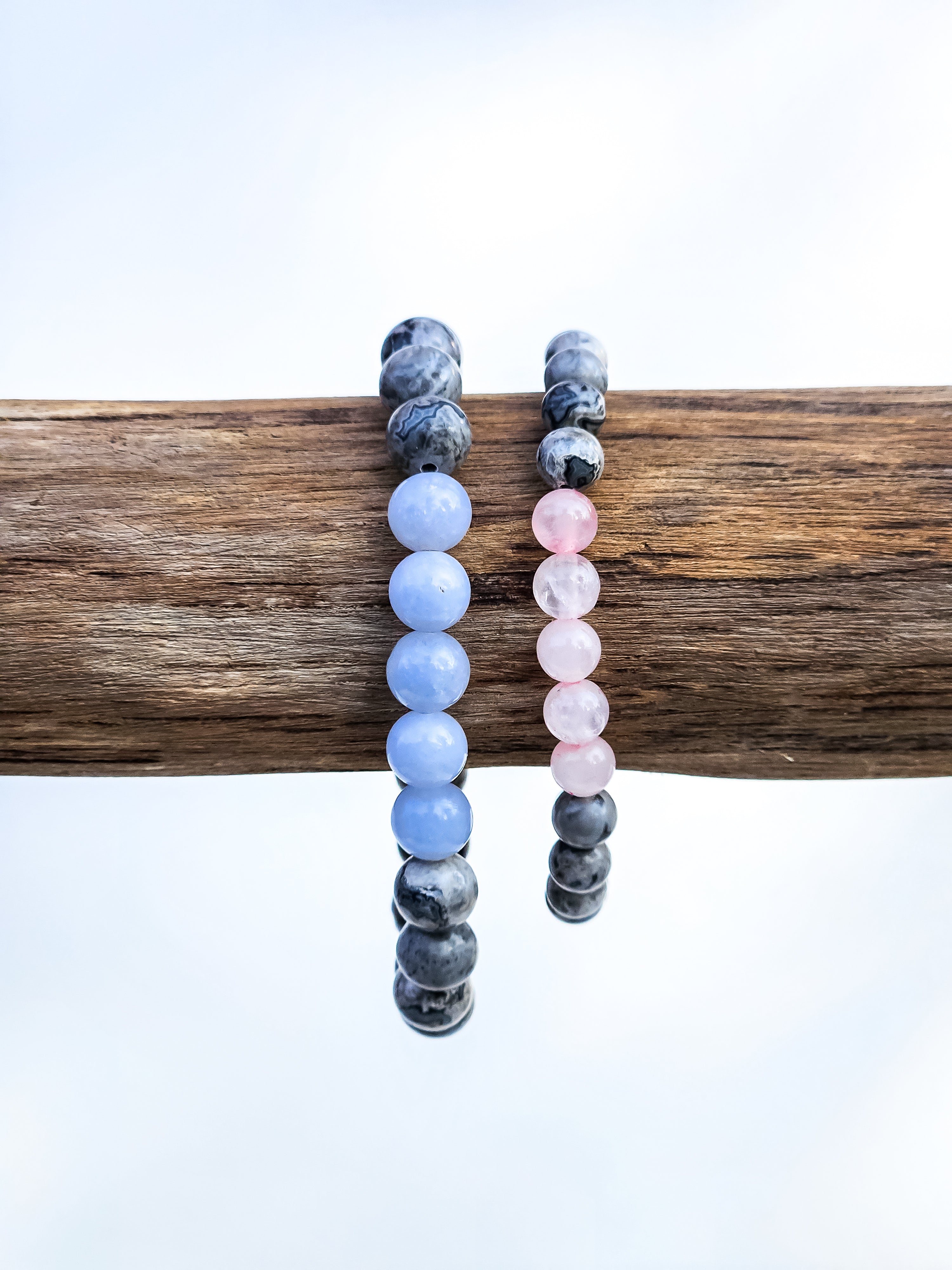 Matching Bracelets • Grey Landscape Jasper, Rose Quartz & Aquamarine
