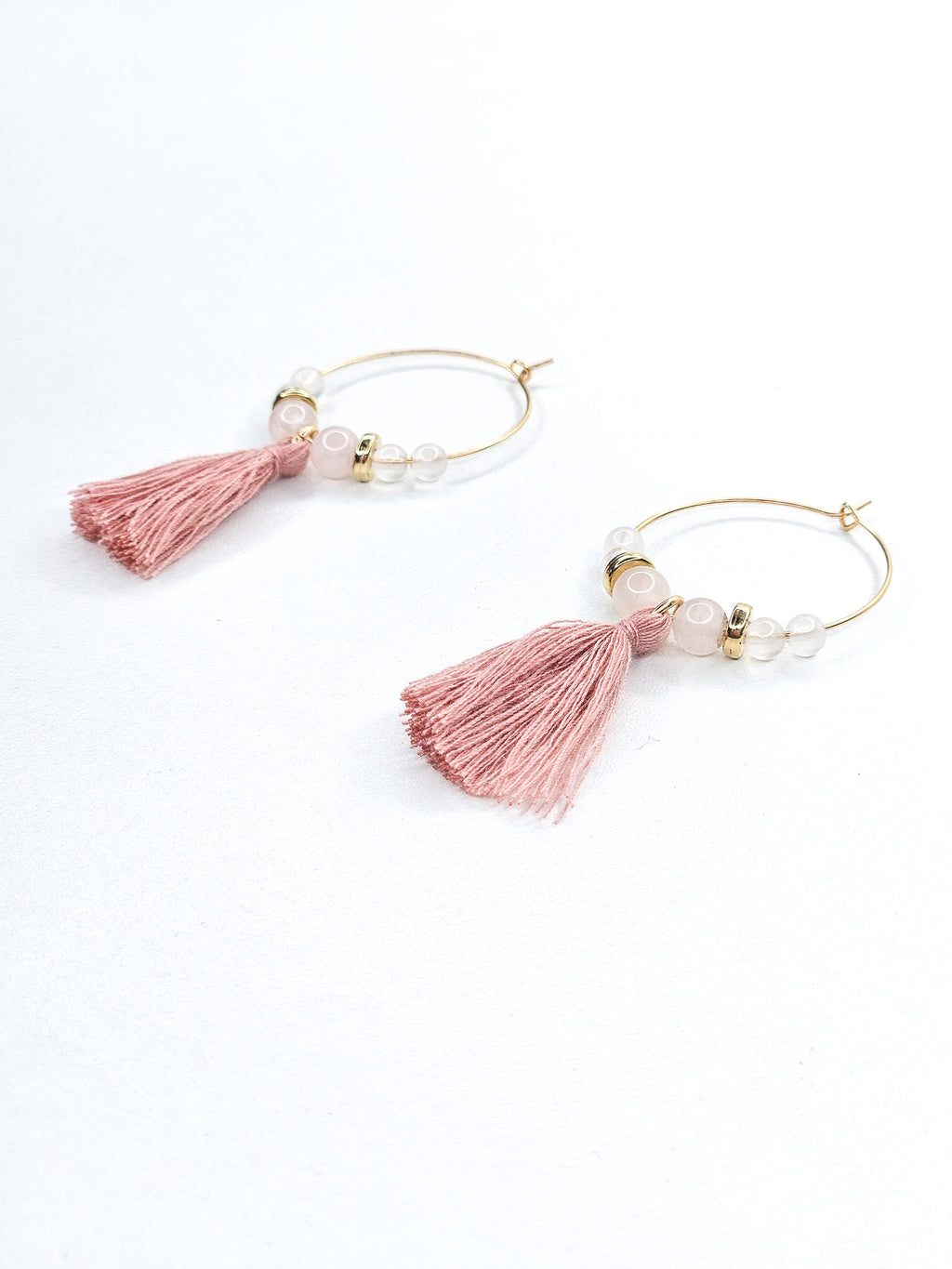 Boucles d'oreilles dorées • Quartz rose