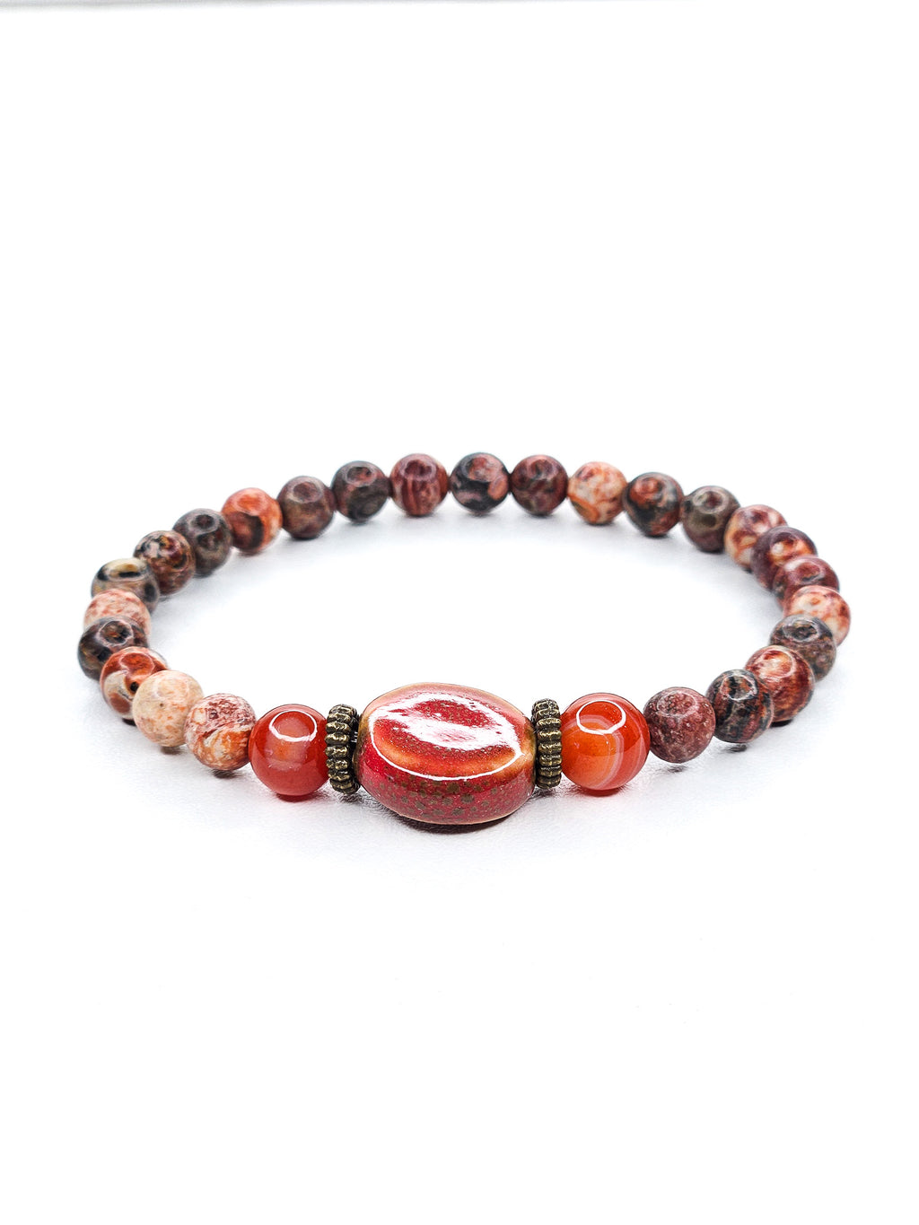 Bracelet • Jaspe léopard & Agate orange (6 mm) avec une perle plate en céramique