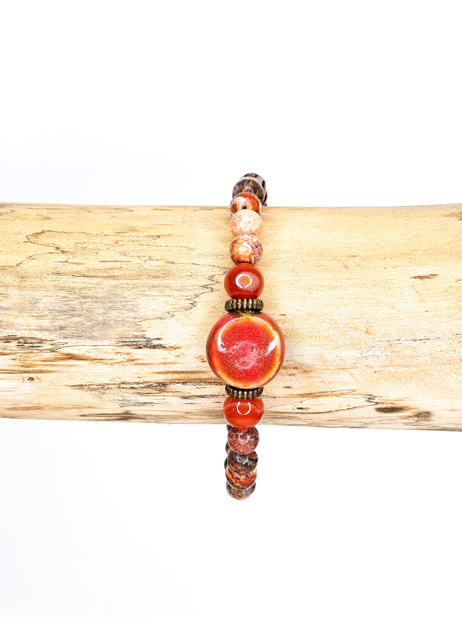 Bracelet • Jaspe léopard & Agate orange (6 mm) avec une perle plate en céramique