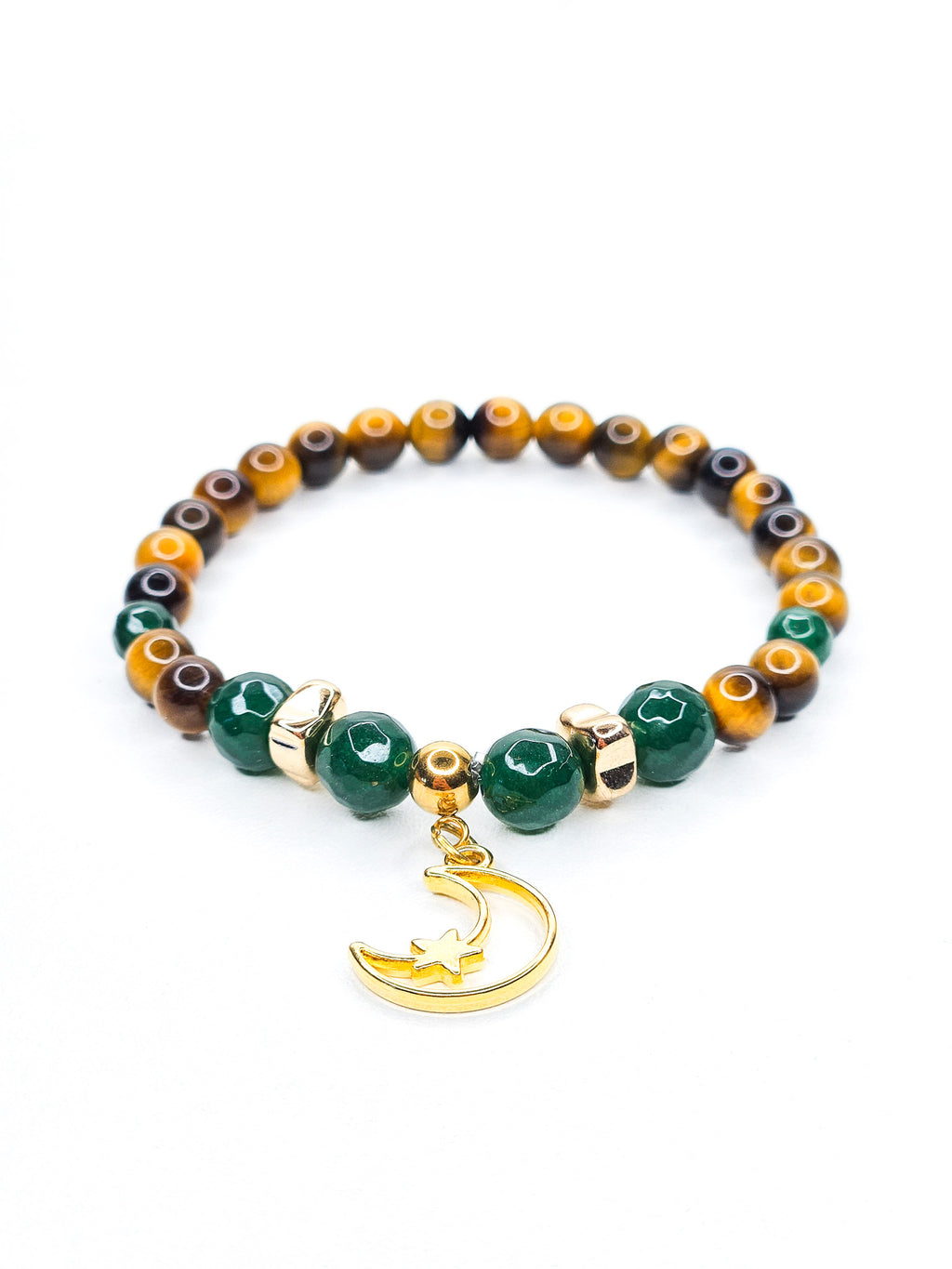 Bracelet • Oeil de tigre & Jade émeraude avec pendentif lune