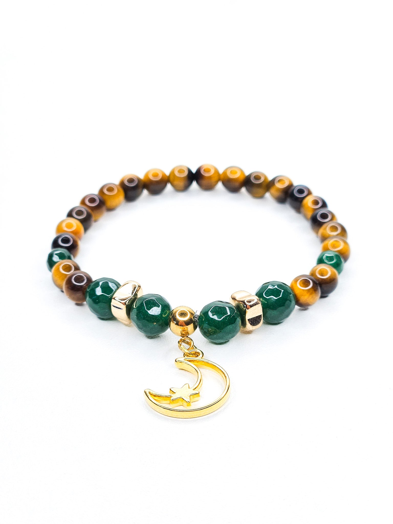 Bracelet • Oeil de tigre & Jade émeraude avec pendentif lune