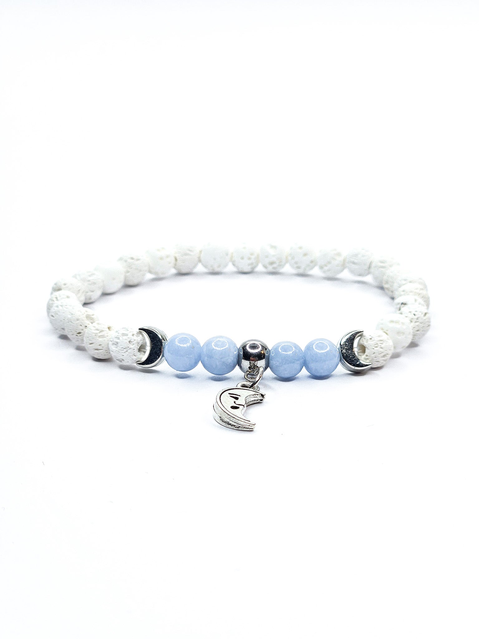 Bracelet • Angélite & Pierre de lave blanche (6 mm) avec perles argentées "Lune"