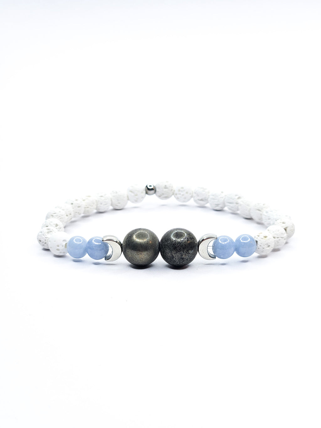 Bracelet • Angélite, Pierre de lave blanche & Pyrite (8 mm & 6 mm) avec perles argentées "Lune"
