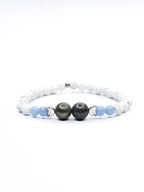 Bracelet • Angélite, Pierre de lave blanche & Pyrite (8 mm & 6 mm) avec perles argentées "Lune"
