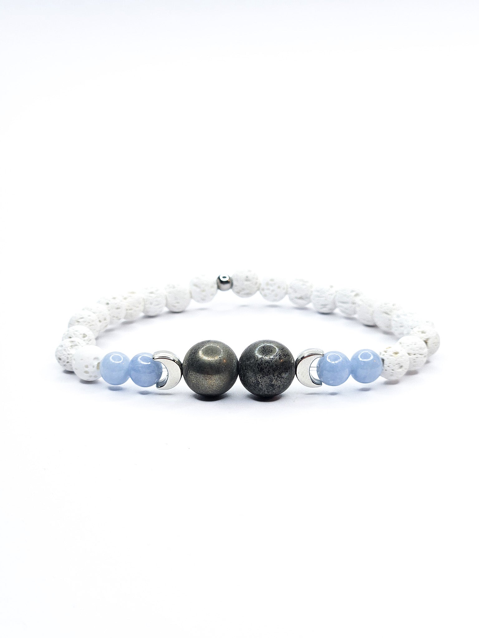 Bracelet • Angélite, Pierre de lave blanche & Pyrite (8 mm & 6 mm) avec perles argentées "Lune"