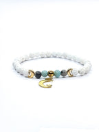 Bracelet • Amazonite multicolore & Pierre de lave blanche (6 mm) avec pendentif et perles dorés "Lune"