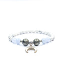 Bracelet • Aigue-marine, Howlite blanche & Pyrite (6 mm, 8 mm & 10 mm) avec pendentif argenté "Lune"
