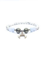 Bracelet • Aigue-marine, Howlite blanche & Pyrite (6 mm, 8 mm & 10 mm) avec pendentif argenté "Lune"