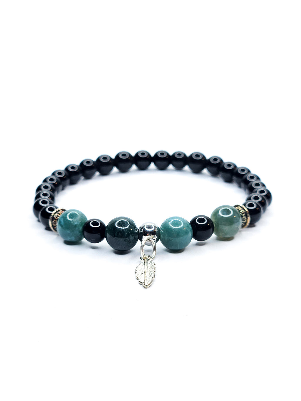 Bracelet • Agate mousse & Obsidienne noire (6 mm & 8 mm) avec pendentif "Plume" argenté