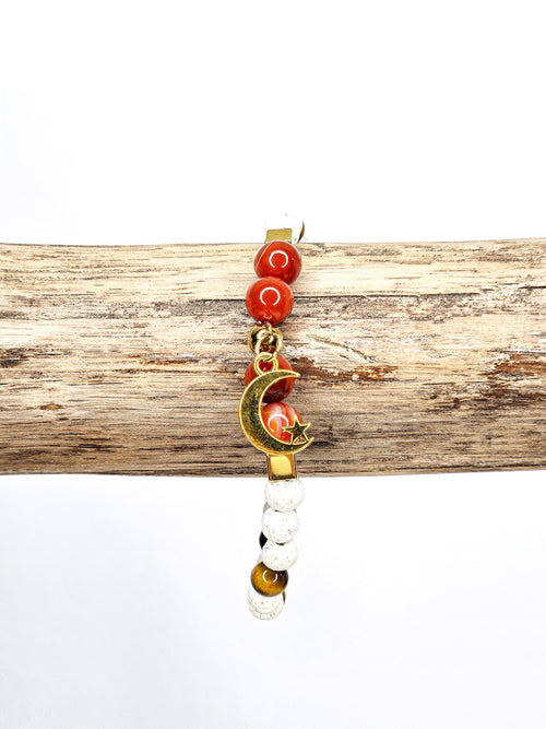 Bracelet • Orange Agate, Tiger's Eye & White Lava Stone (6 mm & 8 mm) with a gold-coloured "Moon & Star" charm