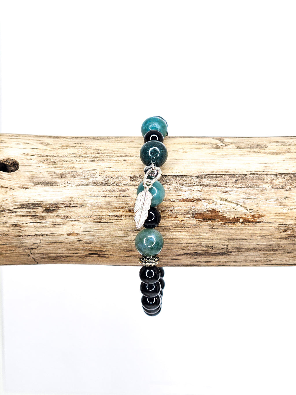 Bracelet • Agate mousse & Obsidienne noire (6 mm & 8 mm) avec pendentif "Plume" argenté