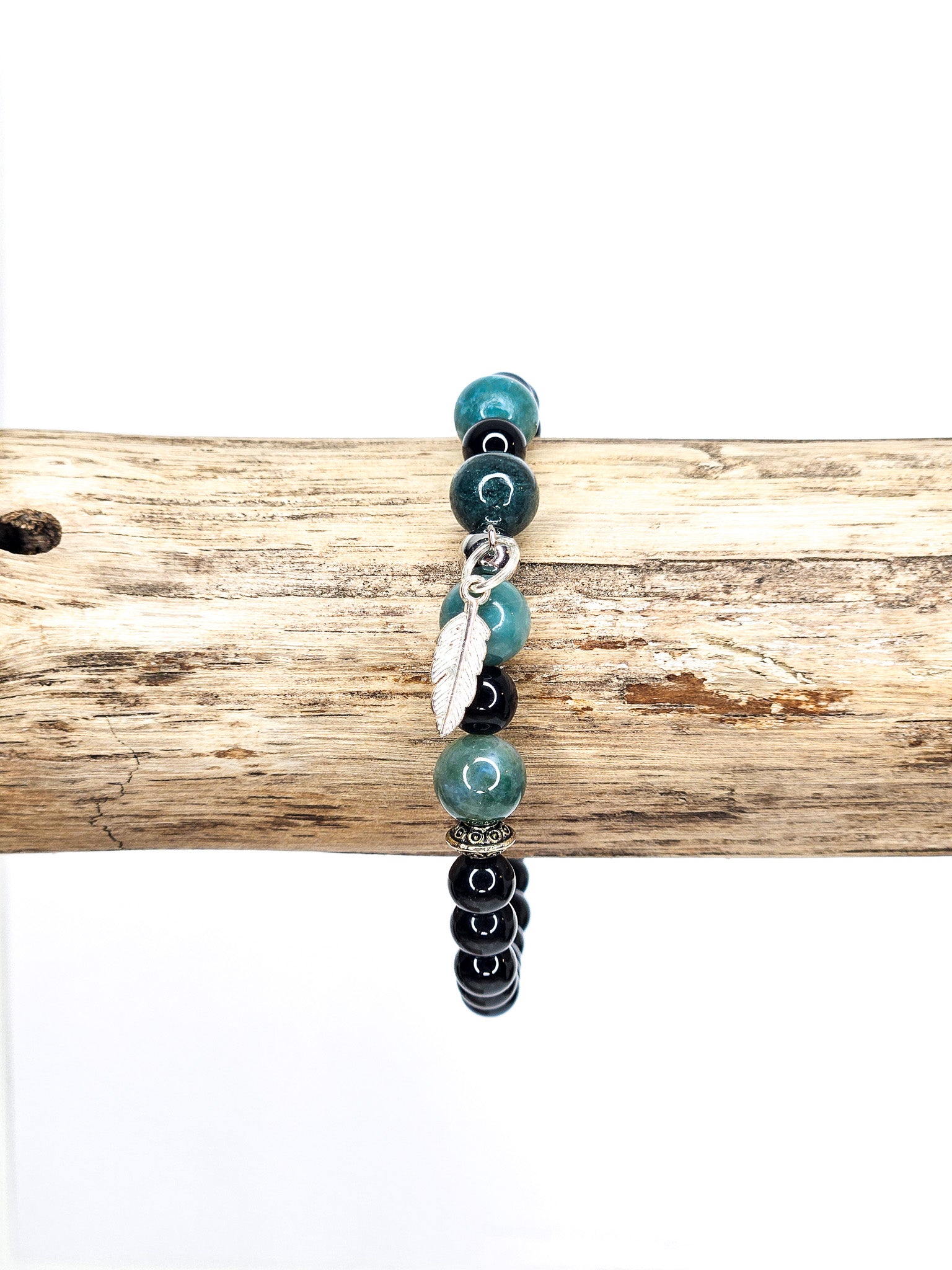 Bracelet • Agate mousse & Obsidienne noire (6 mm & 8 mm) avec pendentif "Plume" argenté