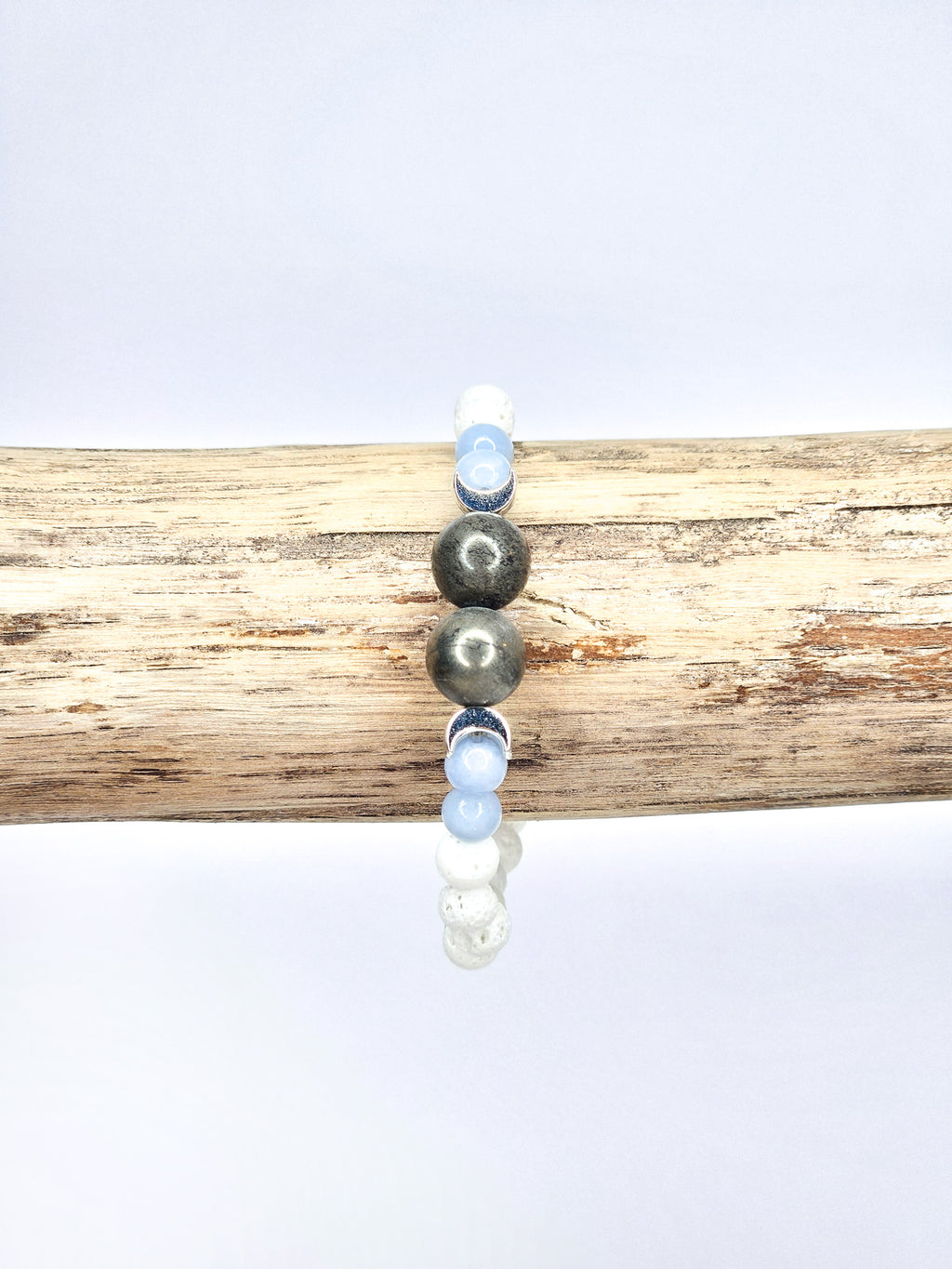 Bracelet • Angélite, Pierre de lave blanche & Pyrite (8 mm & 6 mm) avec perles argentées "Lune"