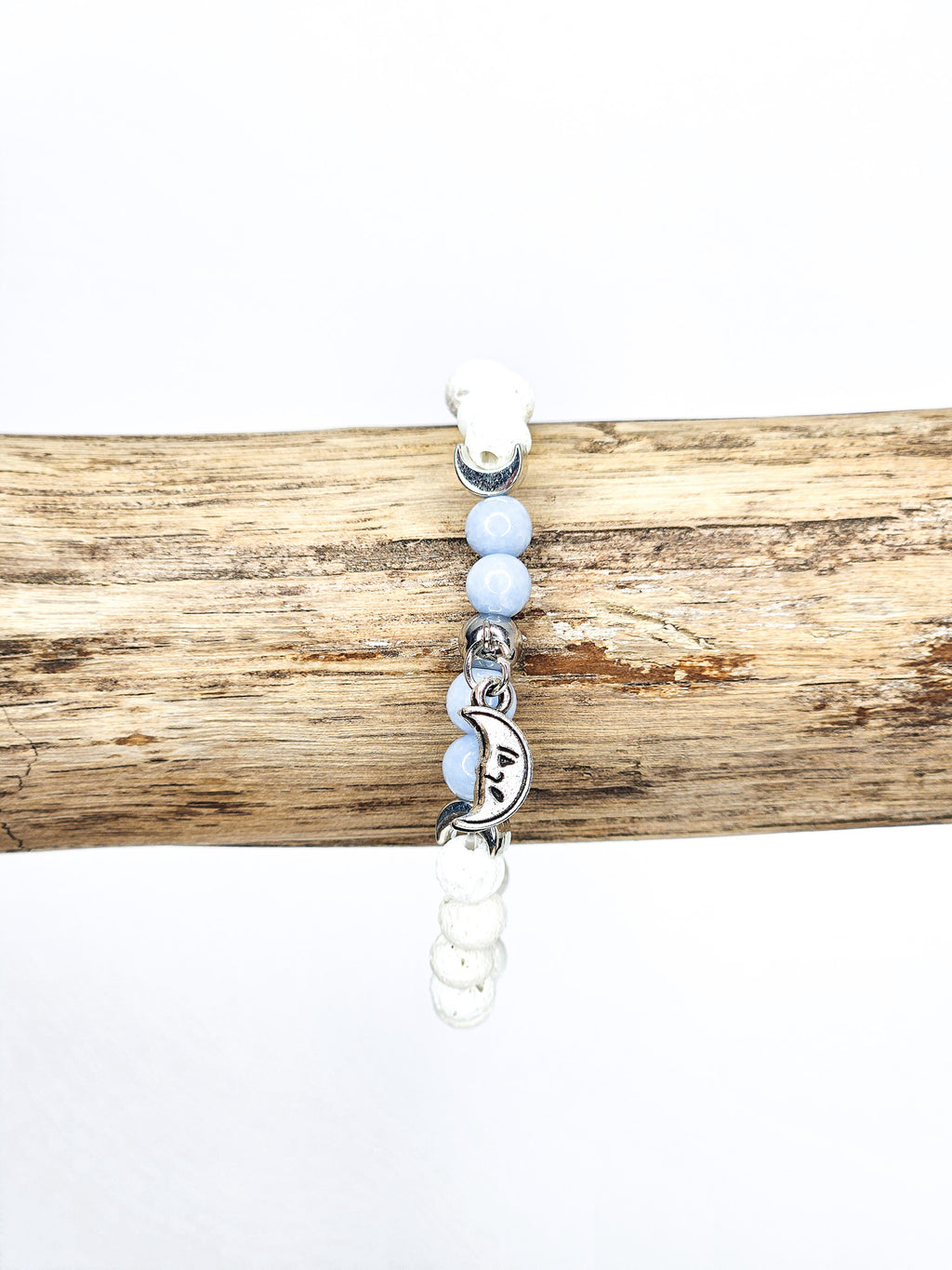 Bracelet • Angélite & Pierre de lave blanche (6 mm) avec perles argentées "Lune"