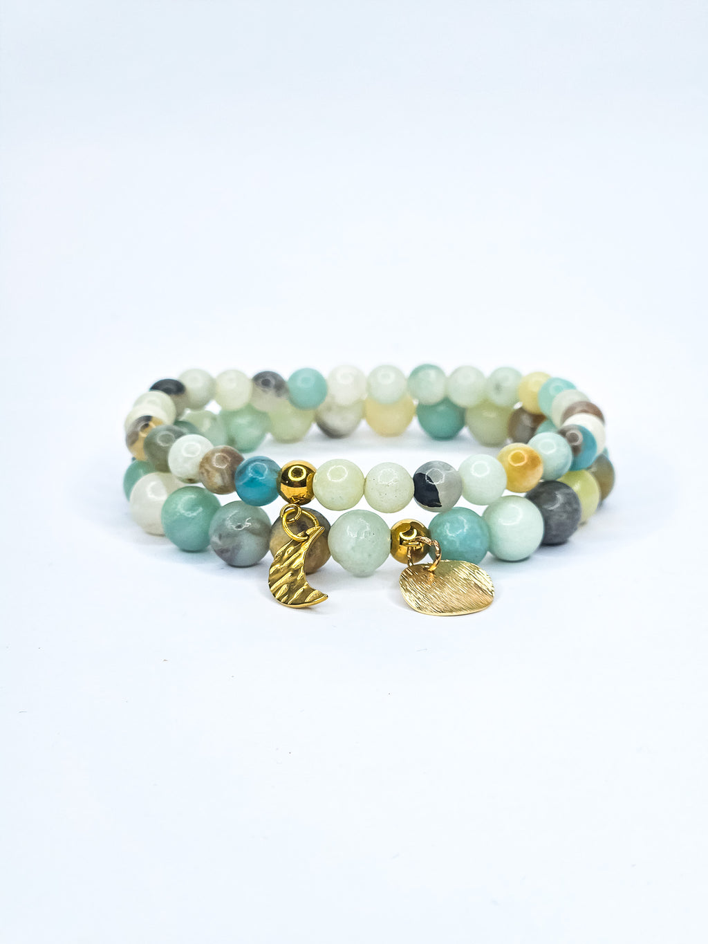 Bracelets duo • Amazonite multicolore (6 mm & 8 mm) avec pendentifs dorés "Soleil" et "Lune"