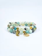 Bracelets duo • Amazonite multicolore (6 mm & 8 mm) avec pendentifs dorés "Soleil" et "Lune"