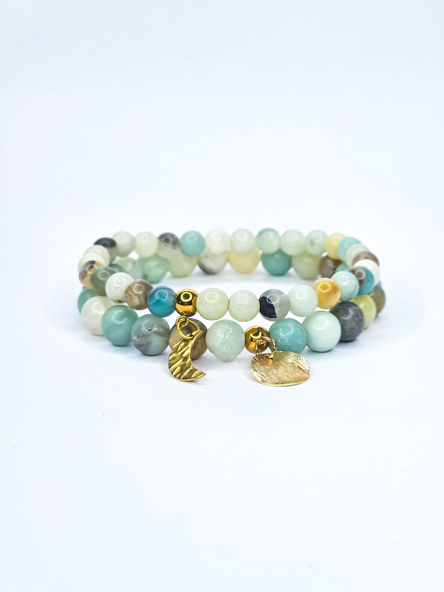 Bracelets duo • Amazonite multicolore (6 mm & 8 mm) avec pendentifs dorés "Soleil" et "Lune"
