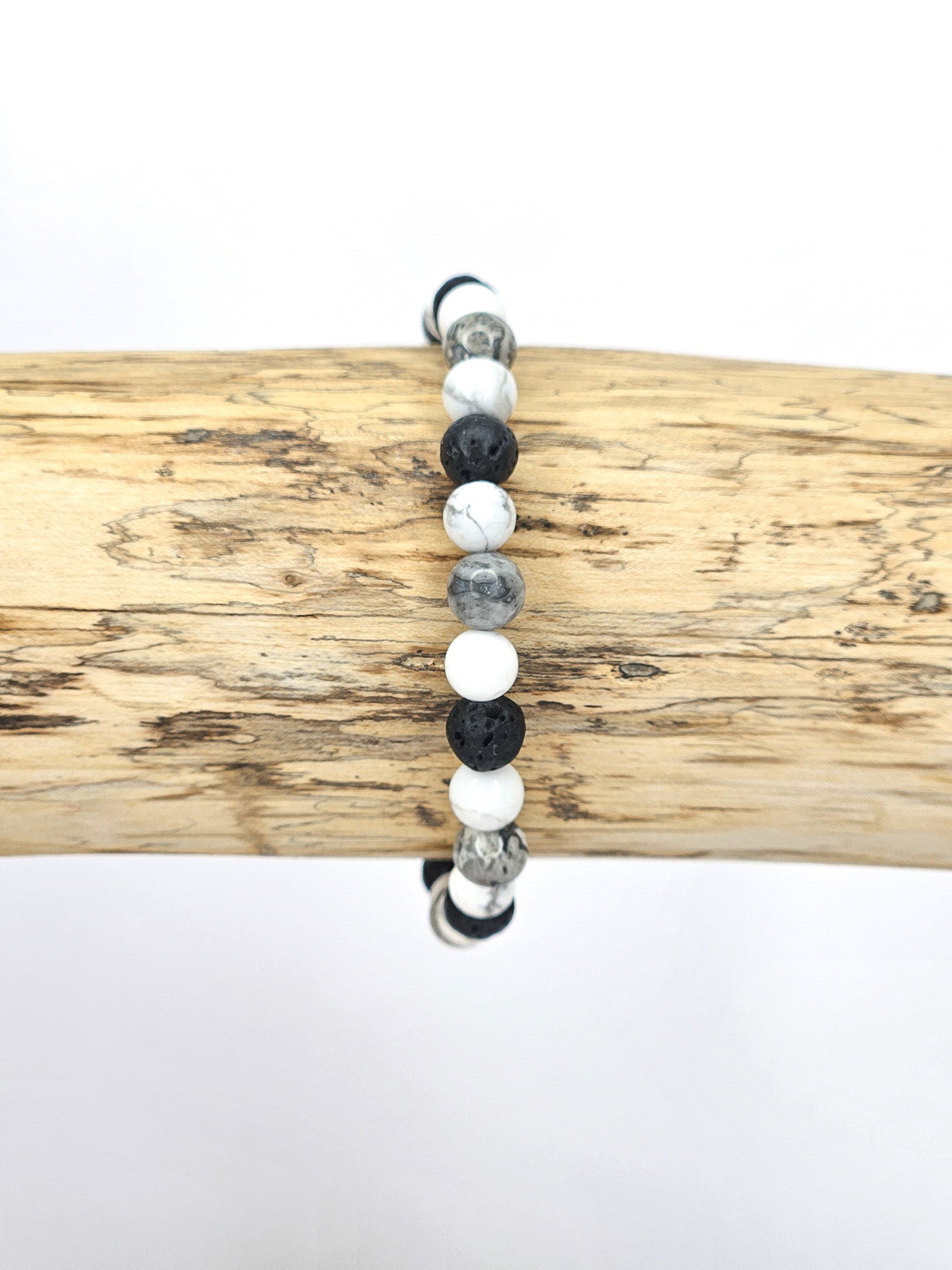 Bracelet • Montagne • Howlite blanche, Jaspe Picasso & Pierre de lave noire (6 mm)